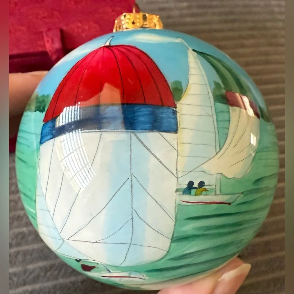 VTG Nautical Sailing Holiday Ornament with Gift Box Signed Inside Art Boat